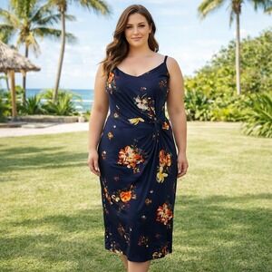 Nine Britton Stitch Fix Knit Fitted Stretchy Midi Dress Navy Floral XXL NEW